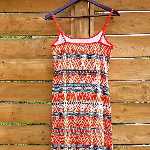 La Classe Couture orange red & white ikat print cotton/spandex maxi, L, NWOT - Picture 4 of 7